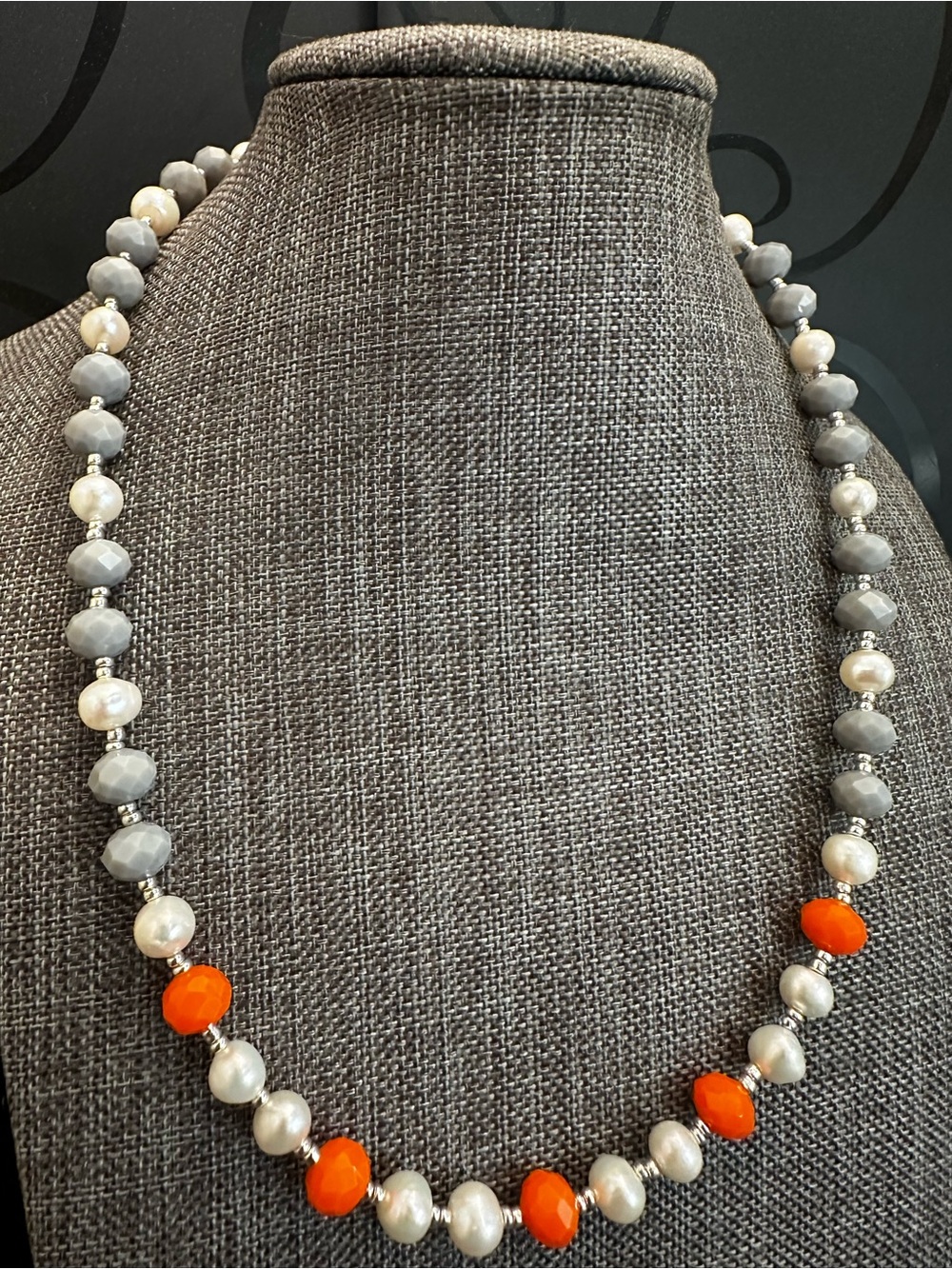 Pearl, Gray And Orange Crystal Bead Necklace - Elegant Women's Jewelry